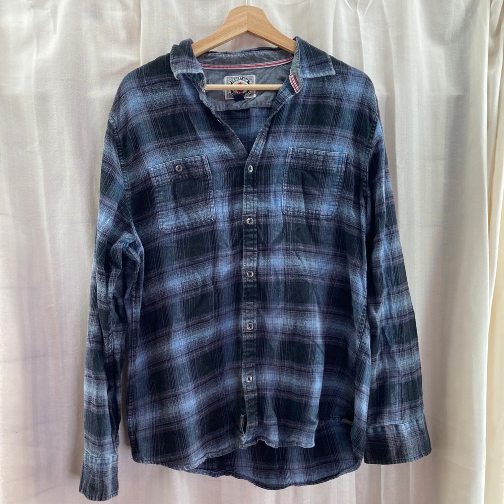 Desert Son‎ Mens Flannel Shirt Large Long Sleeve Blue Plaid Button Front Casual